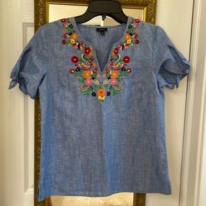 Talbots XS blue chambray embroidered top